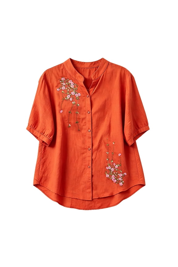 Womens Short Sleeve Tops Women's Solid Color V Neck Embroidered Casual Shirt Top