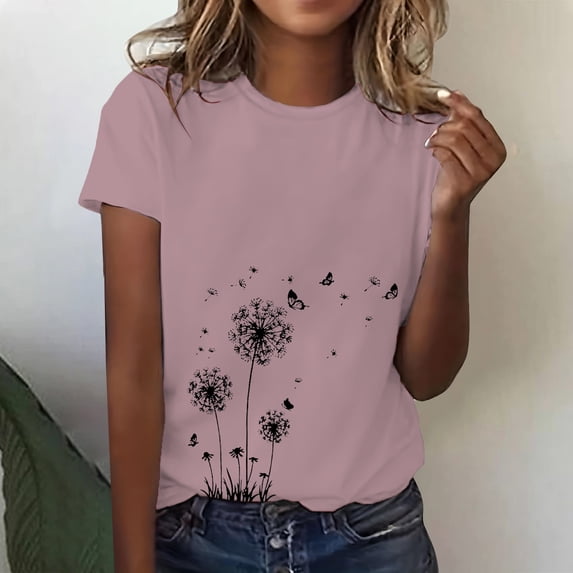 Womens Short Sleeve Tops Women's Spring Round Neck Dandelion Printed Loose Casual Short Sleeved T Shirt Tops for Women
