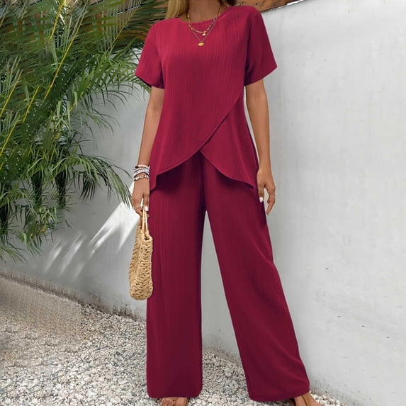Womens Short Sleeve Tops Women's Two Piece Outfits Irregular Short Sleeve Crew Neck Pullover Top Elastic Waist Wide Leg Pull On Pants Set with Pockets Tops for Women