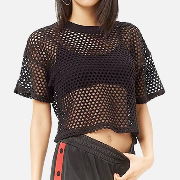 Womens Short Sleeve Tops Womens Mesh Cover Up See Through Fishnet T Shirt Crop Tops for Women