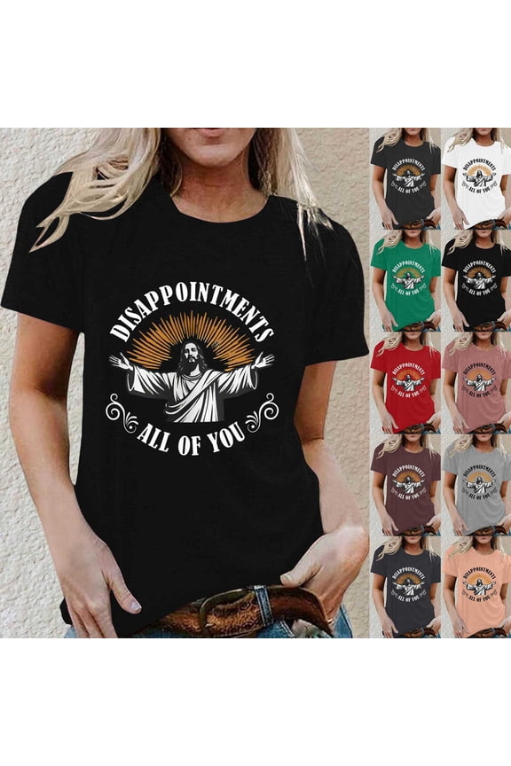 Womens Short Sleeve Tops Y2K Spring Crewneck Jesus Print Tee Casual Summer T Shirts