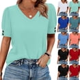 thumbnail image 1 of Womens Short Sleeve Tops with Buttons V-Neck Summer Outfits Casual Blouses Shirts Beach Vacation Fall Clothes 2026 Blue S, 1 of 4