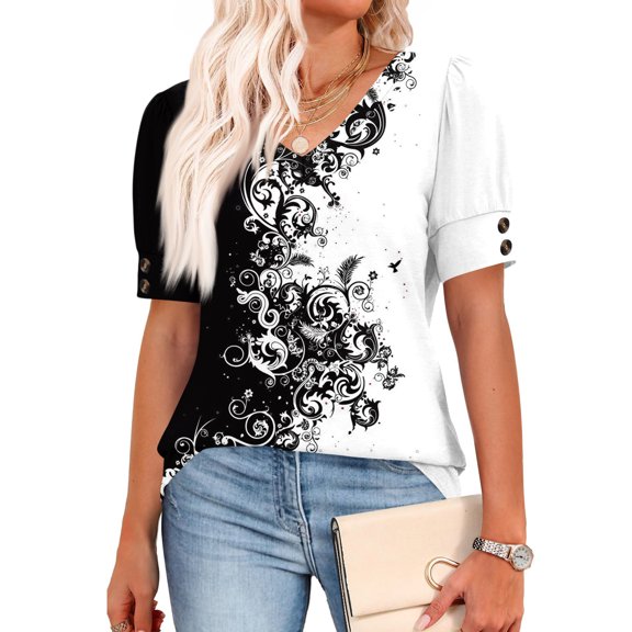 Womens Short Sleeve Tops with Buttons V-Neck Summer Outfits Casual Blouses Shirts Beach Vacation Fall Clothes 2026 Dark Gray XL