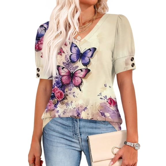 Womens Short Sleeve Tops with Buttons V-Neck Summer Outfits Casual Blouses Shirts Beach Vacation Fall Clothes 2026 Khaki XL