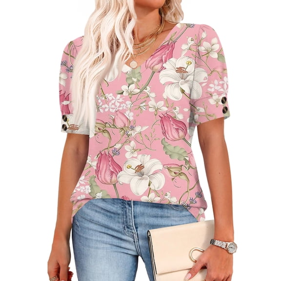 Womens Short Sleeve Tops with Buttons V-Neck Summer Outfits Casual Blouses Shirts Beach Vacation Fall Clothes 2026 Pink XL