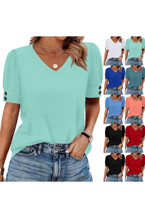 Womens Short Sleeve Tops with Buttons V-Neck Summer Outfits Casual Blouses Shirts Beach Vacation Fall Clothes 2026 White S