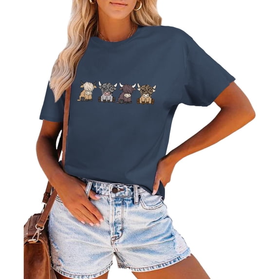 Womens Short Sleeve Tunic Top Crew Neck Highland Cattle Print Fashion 2026 Tees Basic Loose Summer Trendy T Shirts