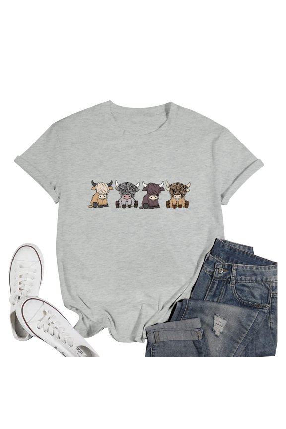 Womens Short Sleeve Tunic Top Crew Neck Highland Cattle Print Fashion 2026 Tees Basic Loose Summer Trendy T Shirts