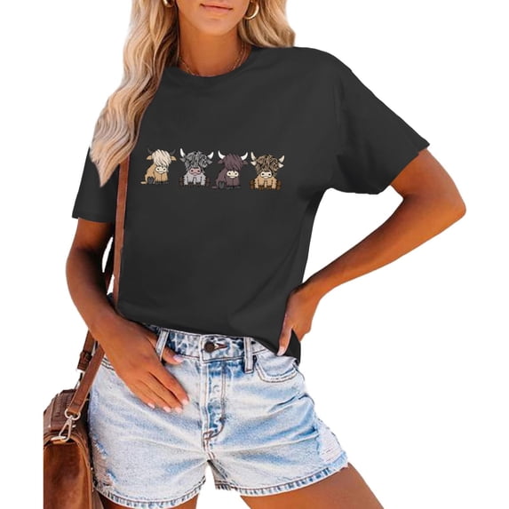 Womens Short Sleeve Tunic Top Crew Neck Highland Cattle Print Fashion 2026 Tees Basic Loose Summer Trendy T Shirts