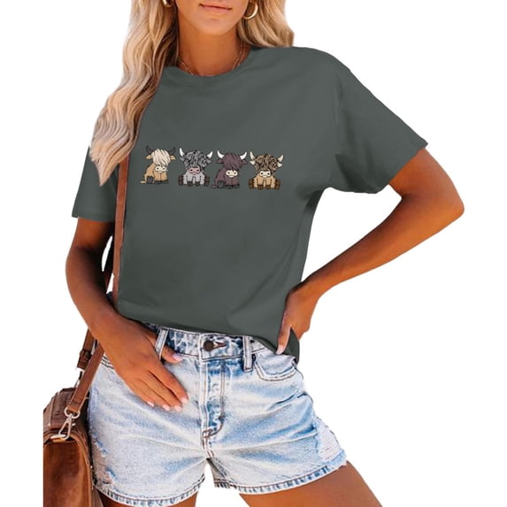 Womens Short Sleeve Tunic Top Crew Neck Highland Cattle Print Fashion 2026 Tees Basic Loose Summer Trendy T Shirts