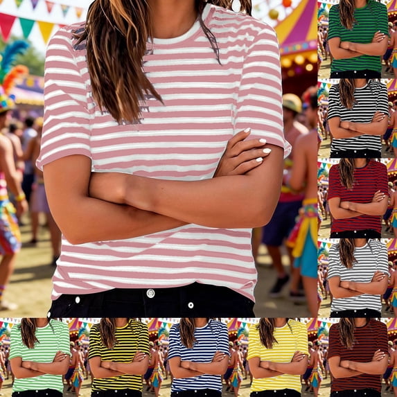 Womens Short Sleeve Tunic Tops Casual Striped Print T Shirt Crew Neck Top Blouse Tee Tops