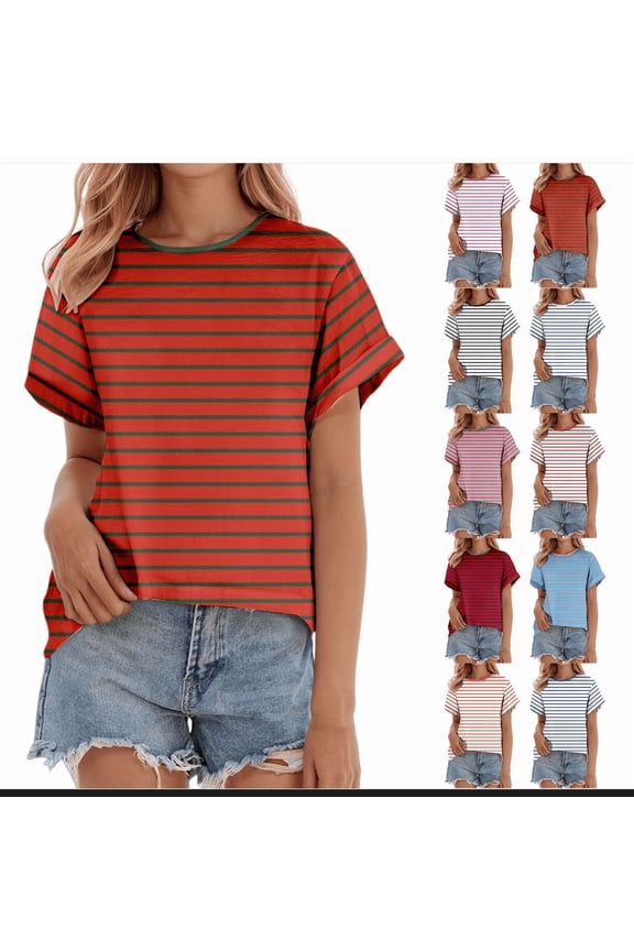 Womens Short Sleeve Tunic Tops Casual Wide Striped T Shirt Fashion Trendy Clothes
