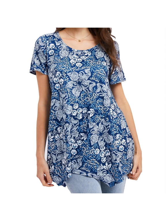Plus Size Floral Tunic Tops for Women Short Sleeve Blouse Long Loose Swing Shirt for Leggings