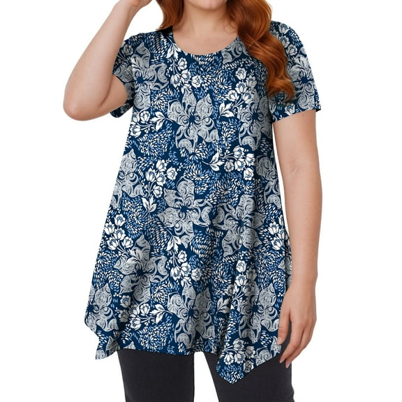 Sprinmer Womens Short Sleeve Tunic Tops Plus Size Loose Fit Top Casual Swing Floral Tee to Wear with Leggings