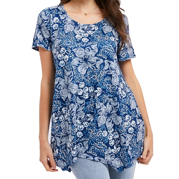 Sprinmer Womens Short Sleeve Tunic Tops Plus Size Loose Fit Top Casual Swing Floral Tee to Wear with Leggings