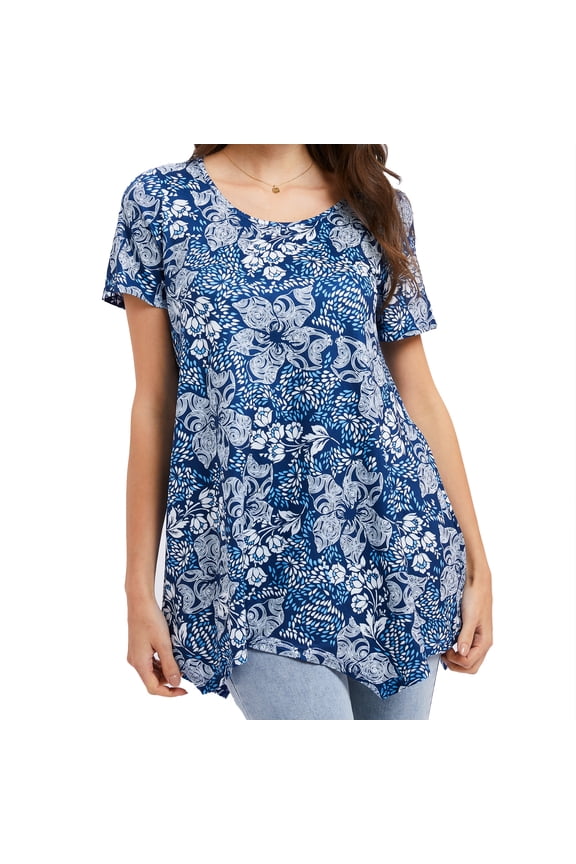 Womens Short Sleeve Tunic Tops Plus Size Loose Fit Top Casual Swing Floral Tee to Wear with Leggings