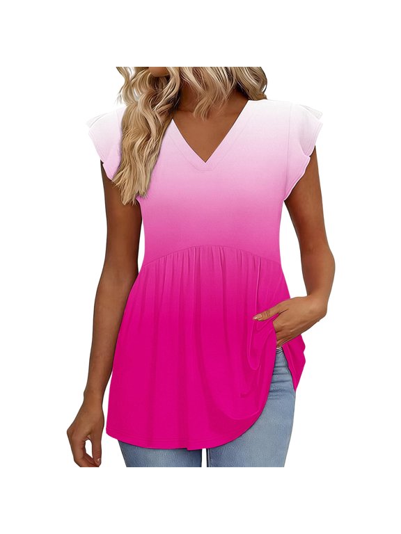 Womens Short Sleeve Tunic Tops V Neck Gradient Color Pleated High Waist Flowy Summer Blouses, Loose Fit Pullover Fashion Clothes 2026 Ruffle Flutter Sleeve Tee