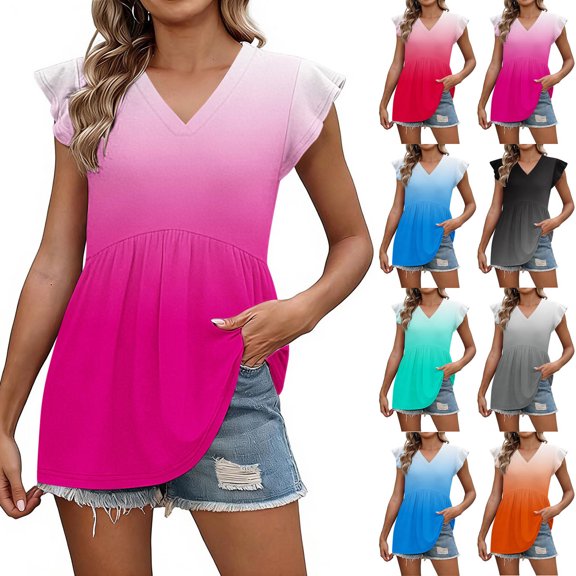 Womens Short Sleeve Tunic Tops V Neck Gradient Color Pleated High Waist Flowy Summer Blouses, Loose Fit Pullover Fashion Clothes 2026 Ruffle Flutter Sleeve Tee