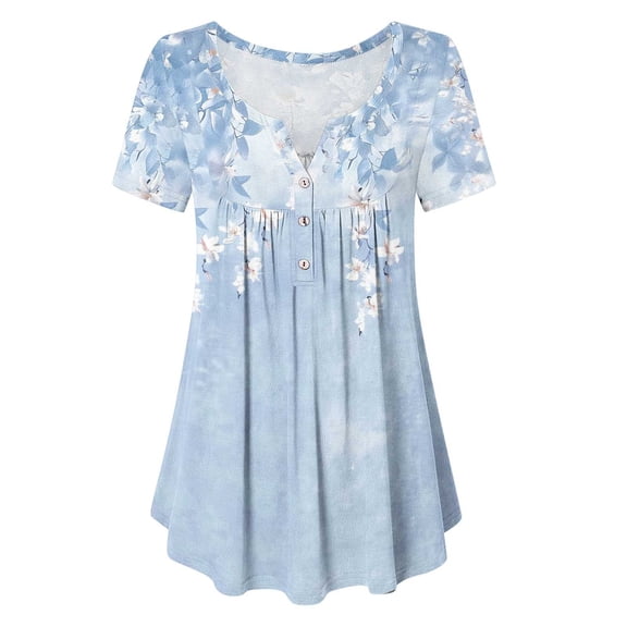 Womens Short Sleeve V Neck Button Front Dressy Loose Casual Boho Floral Blouse Retro Pleated Tunic Tops Shirt to Wear with Legging
