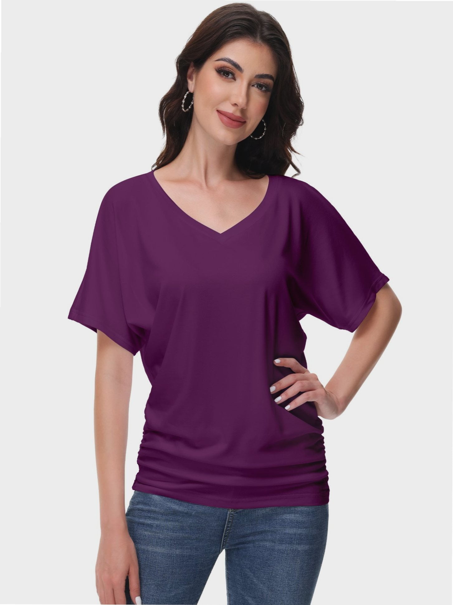 Womens Short Sleeve V Neck Dolman Tops with Side Shirring
