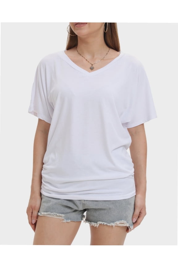 Womens Short Sleeve V Neck Dolman Tops with Side Shirring Loose Fit Shirts