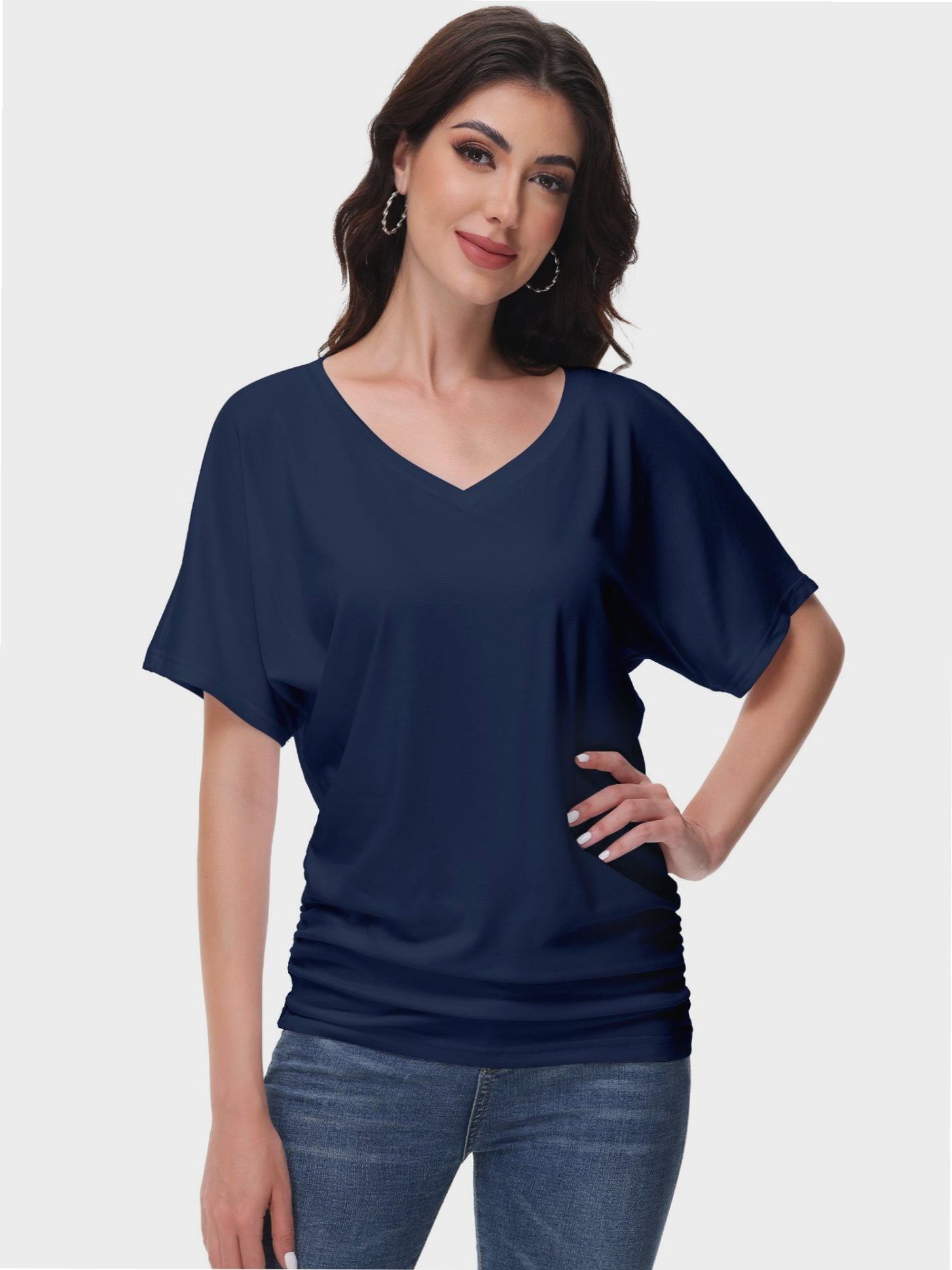 ★GENERAL IDEA★ WOMAN shirring V-neck collar short-sleeved Womens Short Sleeve V Neck Dolman Tops with Side Shirring