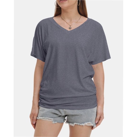 Womens Short Sleeve V Neck Dolman Tops with Side Shirring Loose Fit Shirts