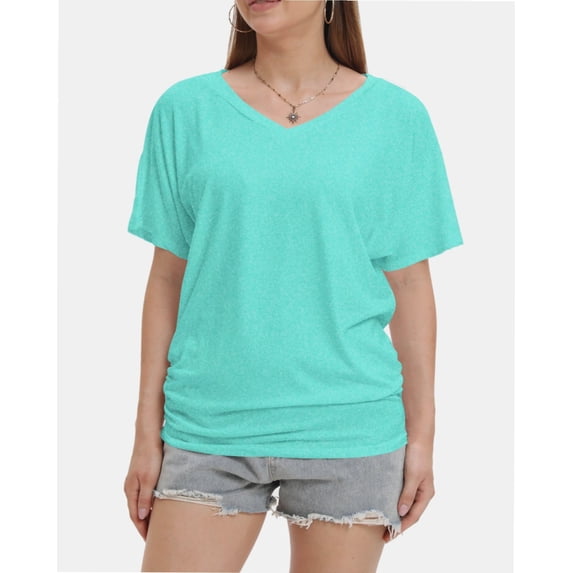 Womens Short Sleeve V Neck Dolman Tops with Side Shirring Loose Fit Shirts
