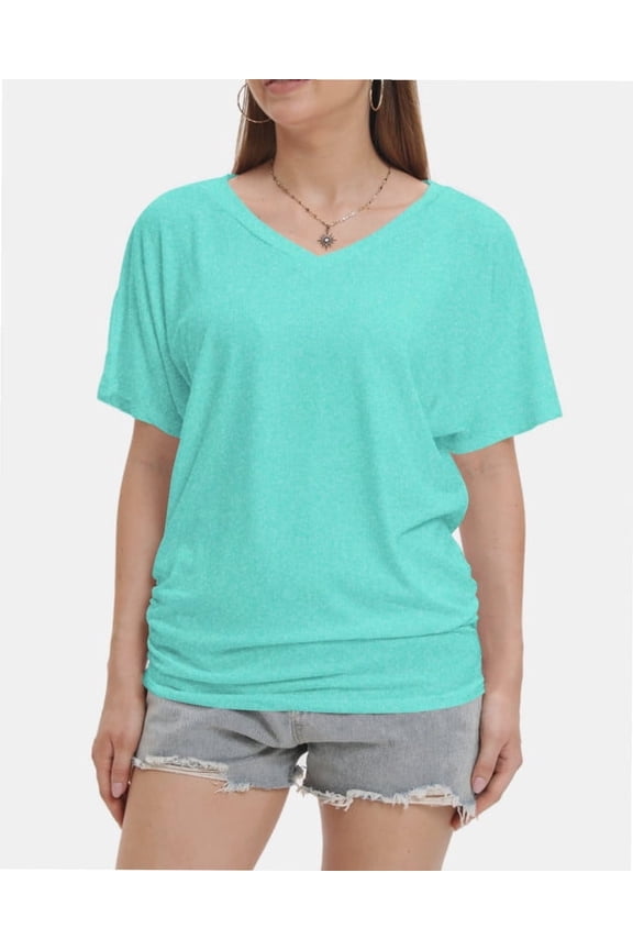 Womens Short Sleeve V Neck Dolman Tops with Side Shirring Loose Fit Shirts