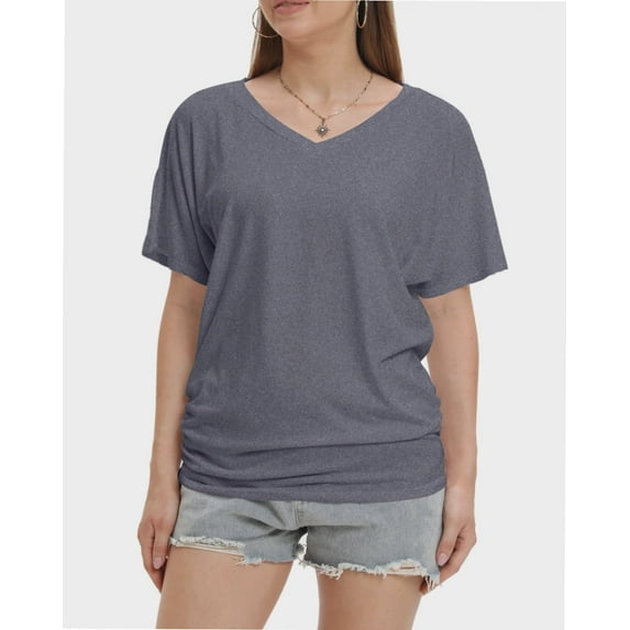 Womens Short Sleeve V Neck Dolman Tops with Side Shirring Loose Fit Shirts