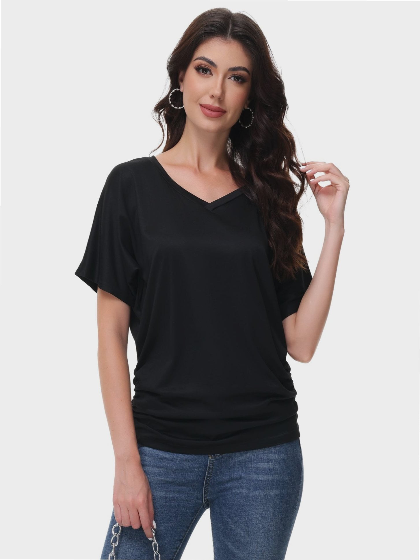 ★GENERAL IDEA★ WOMAN shirring V-neck collar short-sleeved WV V-Neck Short Sleeve w/ Shirring | LaneBryant