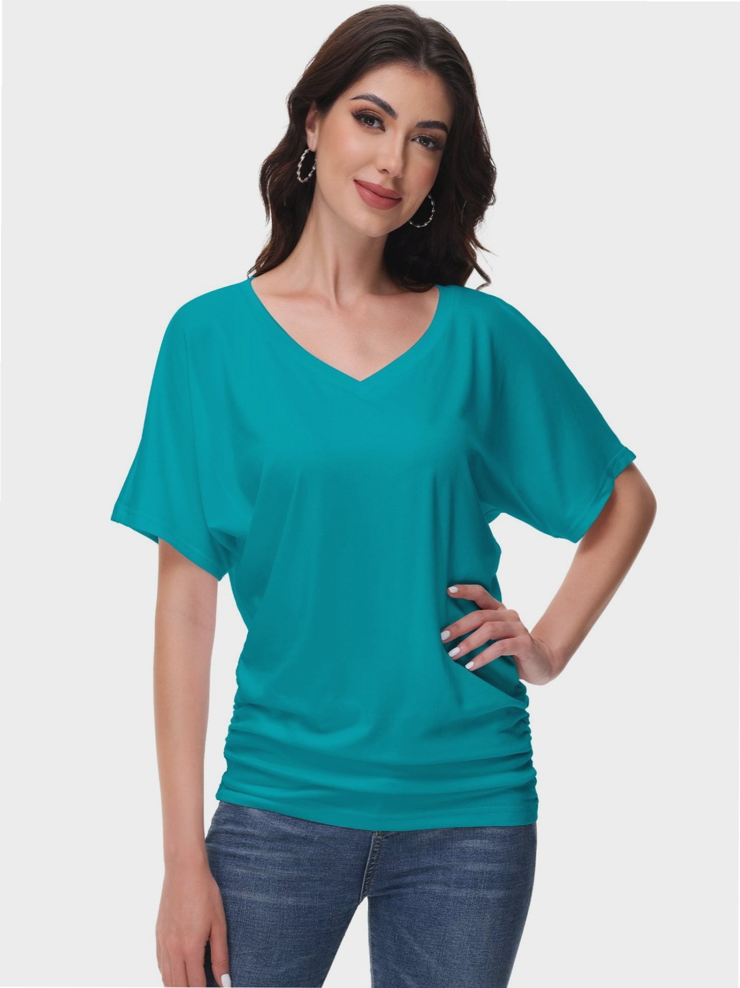 【THE MOZZ】Bobo V-neck shirring one piece Womens Short Sleeve V Neck Dolman Tops with Side Shirring