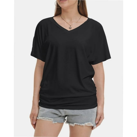 Womens Short Sleeve V Neck Dolman Tops with Side Shirring Loose Fit Shirts