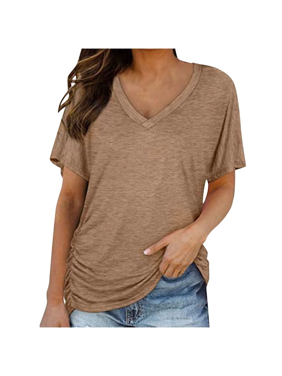 Womens Short Sleeve V Neck Dolman Tops with Side Shirring Loose Fit Shirts