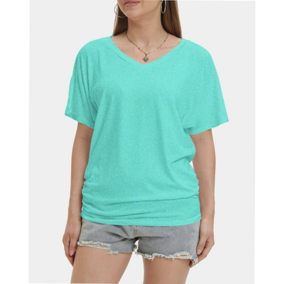 Womens Short Sleeve V Neck Dolman Tops with Side Shirring Loose Fit Shirts
