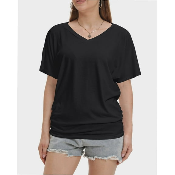 Womens Short Sleeve V Neck Dolman Tops with Side Shirring Loose Fit Shirts