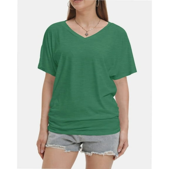 Womens Short Sleeve V Neck Dolman Tops with Side Shirring Loose Fit Shirts
