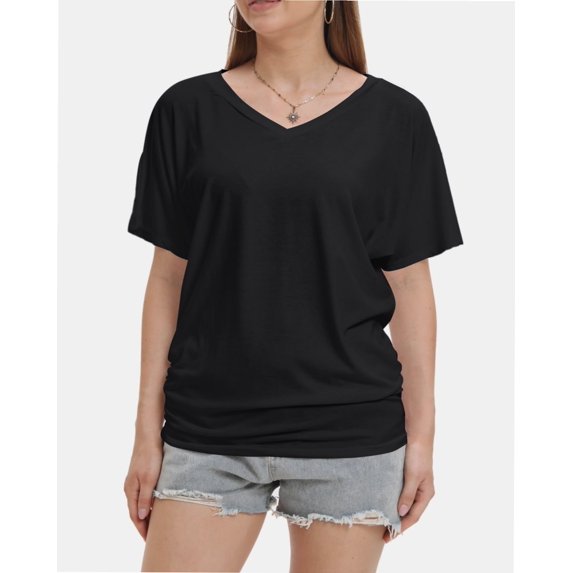 Womens Short Sleeve V Neck Dolman Tops with Side Shirring Loose Fit Shirts