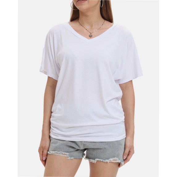 Womens Short Sleeve V Neck Dolman Tops with Side Shirring Loose Fit Shirts