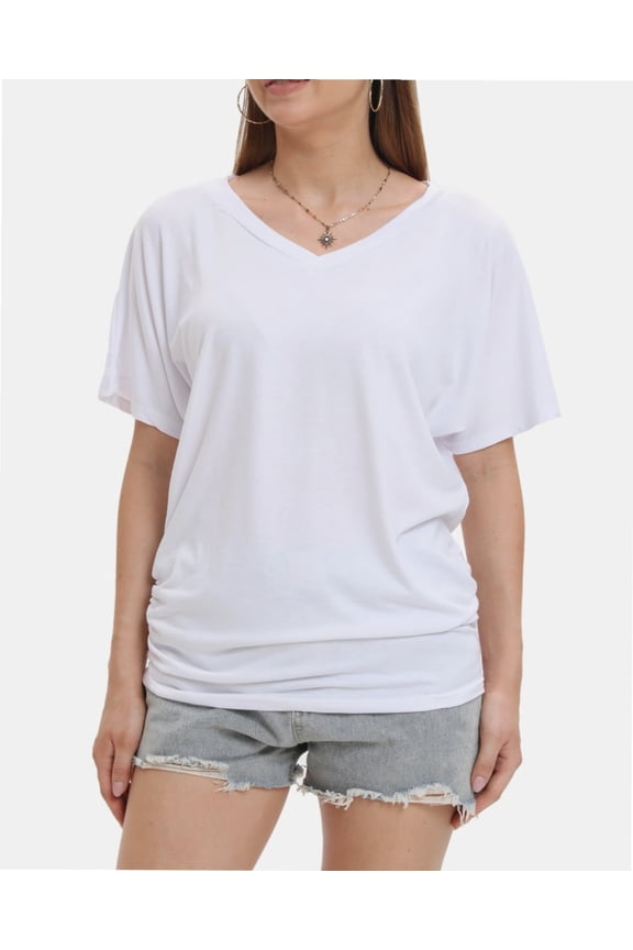 Womens Short Sleeve V Neck Dolman Tops with Side Shirring Loose Fit Shirts