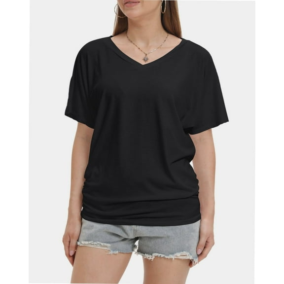 Womens Short Sleeve V Neck Dolman Tops with Side Shirring Loose Fit Shirts