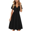 thumbnail image 1 of Womens Short Sleeve V Neck Dress A-Line Knee Length Pleated Flowy Fall Party Wedding Guest Fashion Evenings Dresses S-2XL, 1 of 5
