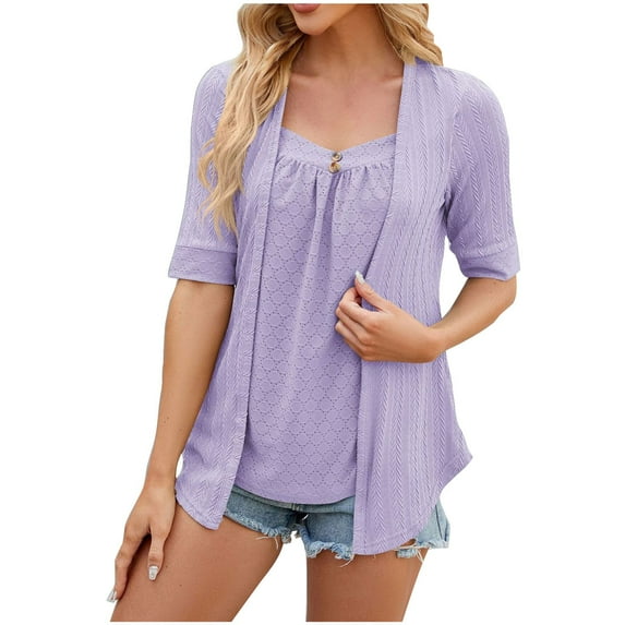 Womens Short Sleeve V Neck Fake Two Piece Pullover Top Solid Color Casual Blouse Shirt Lightweight Comfortable for Streetwear Office Outing