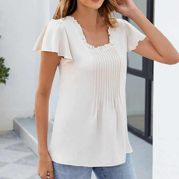 Womens Short Sleeve V Neck Lace Sleeve Tshirt Pleated Detail Blouse Solid Color Casual Top for Work Date Night Out