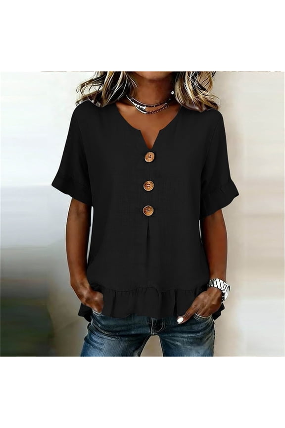 Womens Short Sleeve V Neck Linen Cotton with Button Down Blouse Ruffle Hem Tunic Tops Casual Flowy Henley Shirts Peplum Blouses for Women