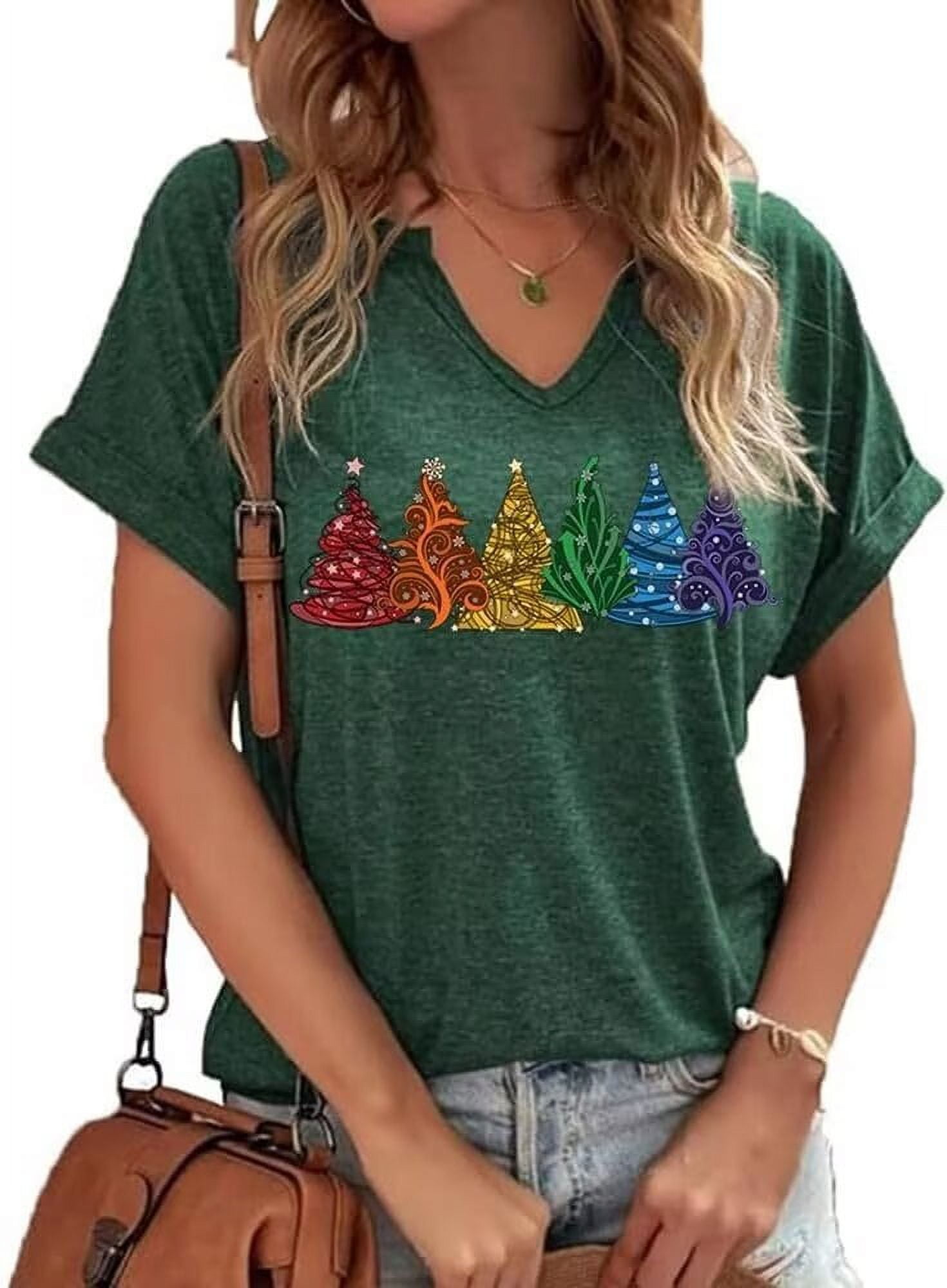 Womens Short Sleeve V Neck Merry Christmas T-Shirts Christmas Tree Bright Graphic Tee Tops (XL,Green)