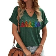 BEOPJESK Womens Short Sleeve V Neck Merry Christmas T-Shirts Christmas Tree Bright Graphic Tee Tops (XL,Green)