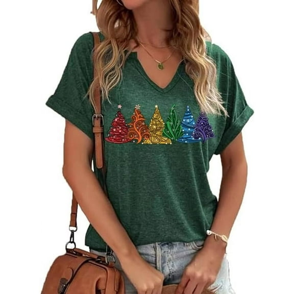 Womens Short Sleeve V Neck Merry Christmas T-Shirts Christmas Tree Bright Graphic Tee Tops (XL,Green)