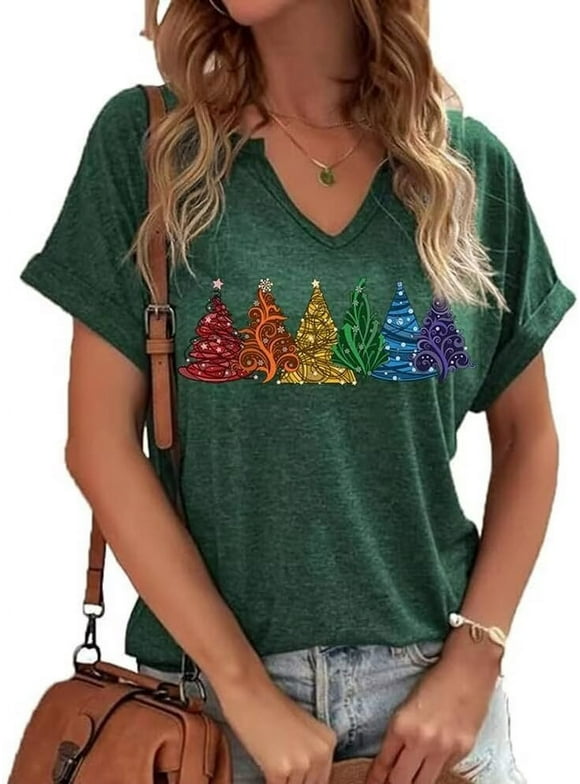 Womens Short Sleeve V Neck Merry Christmas T-Shirts Christmas Tree Bright Graphic Tee Tops (XL,Green)