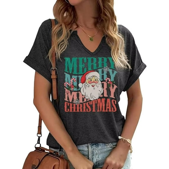 Womens Short Sleeve V Neck Merry Christmas T-Shirts Christmas Tree Bright Graphic Tee Tops (XL,Merry,Dark Grey)